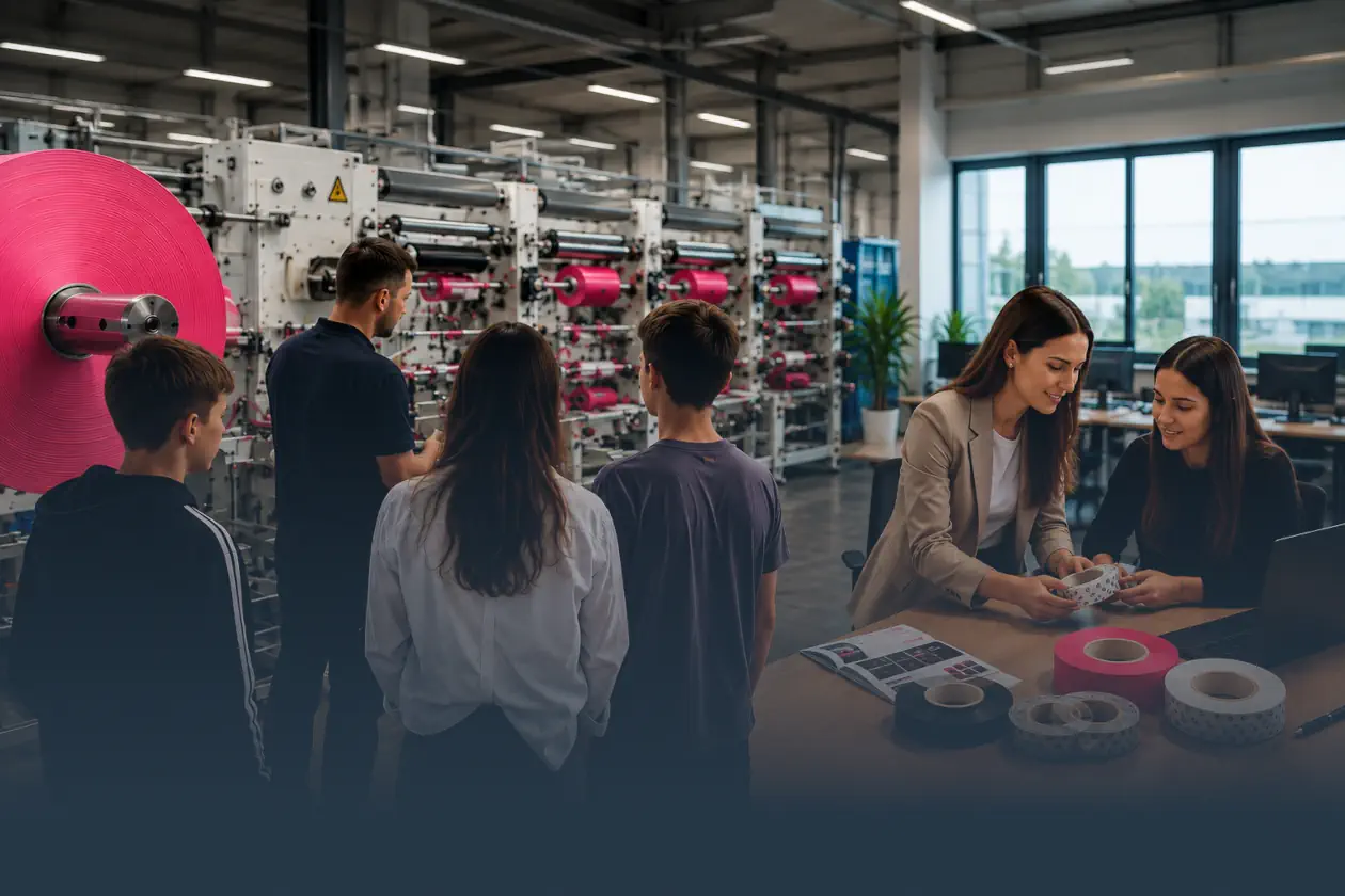 Composing: Azubis vor der Maschine Kreuzspule, im Büro bei Produktbesprechung